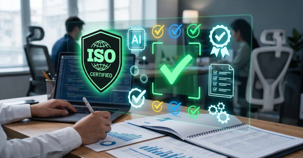 A man sitting at a desk writing on papers with charts and a laptop with 3D graphics that read "ISO CERTIFIED" and "AI."
